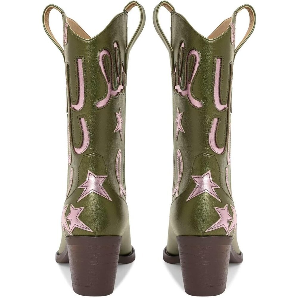 ⚡Women's Green Embroidery Western Cowgirl Boots Mid Calf Low Heel Pointed Toe - Picture 4 of 6